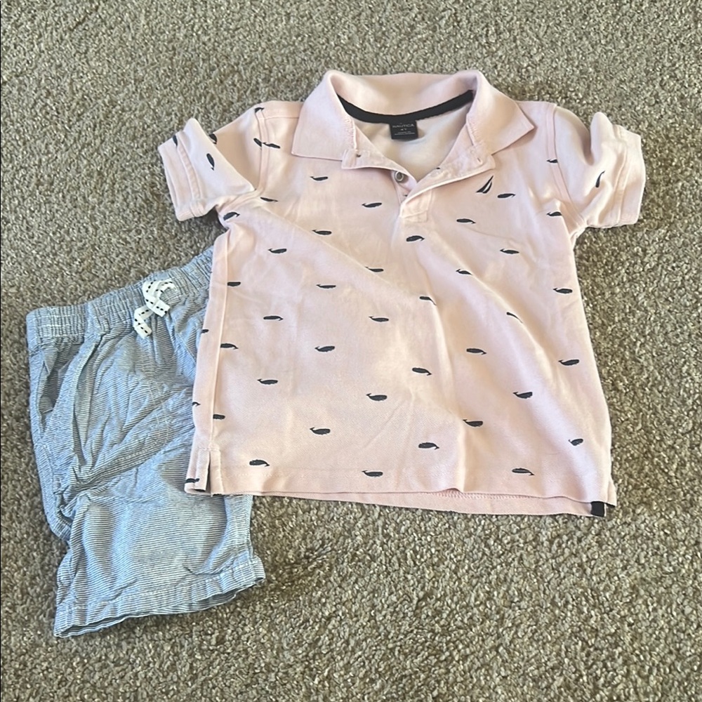 Pink Polo Shirt and Gray Shorts Set